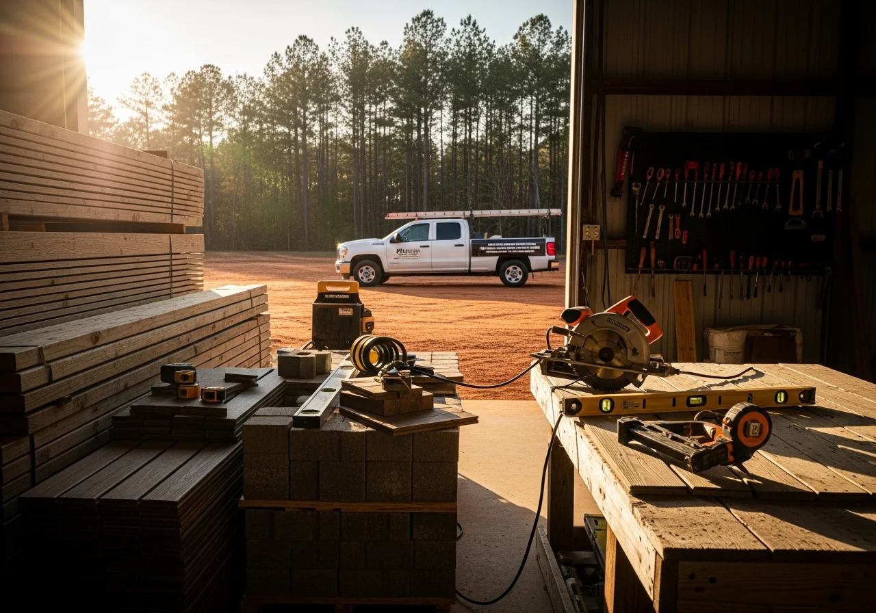 Crew tools and materials staged for exterior construction work, showcasing professional contractor readiness.