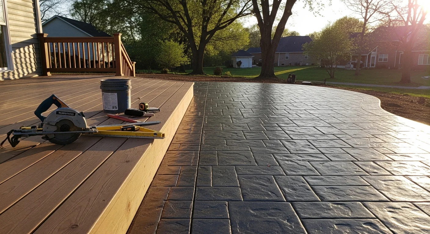 Custom wooden deck with seating area overlooking backyard