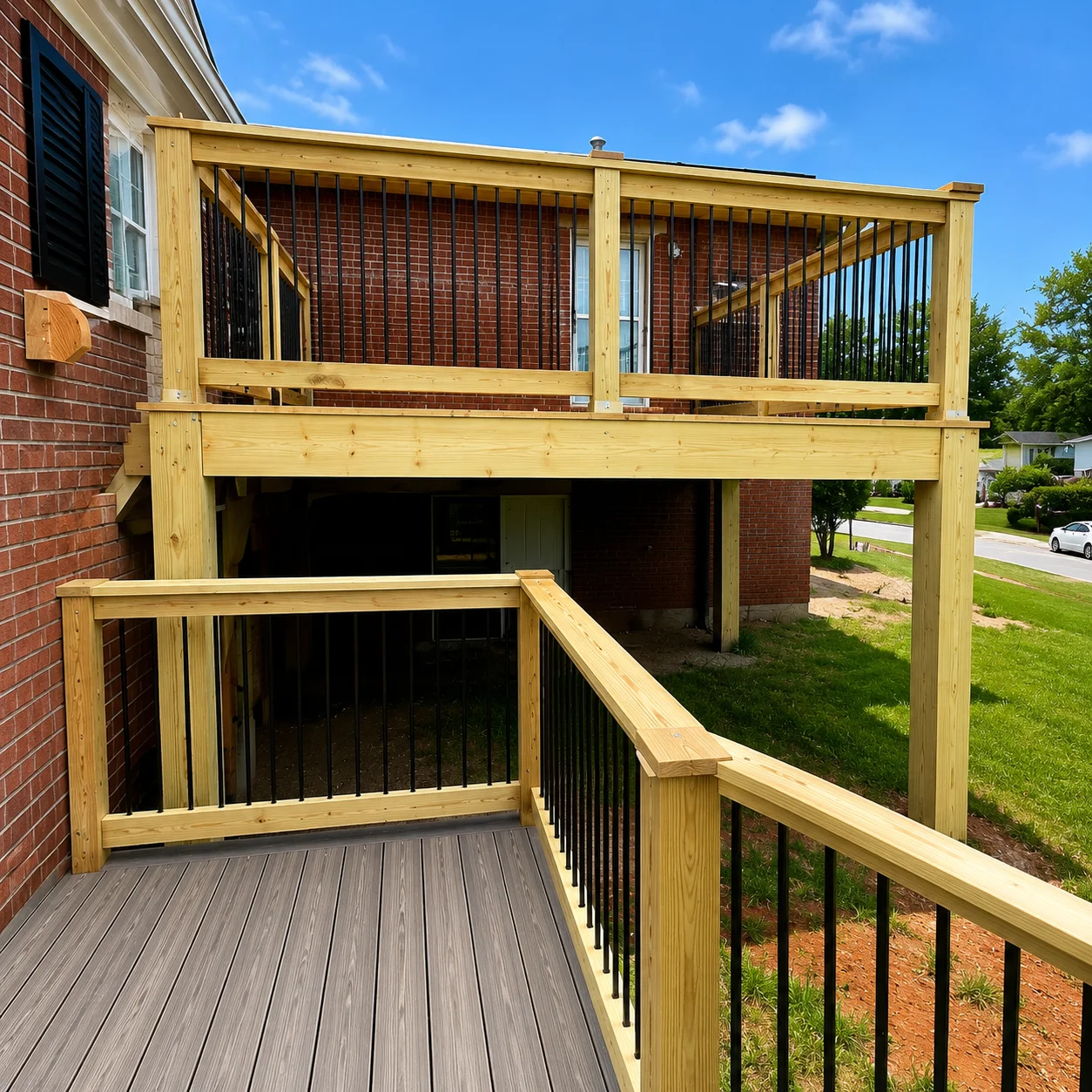 Two-level pressure-treated wood deck with composite decking, black aluminum railing, and shade screens attached to brick home