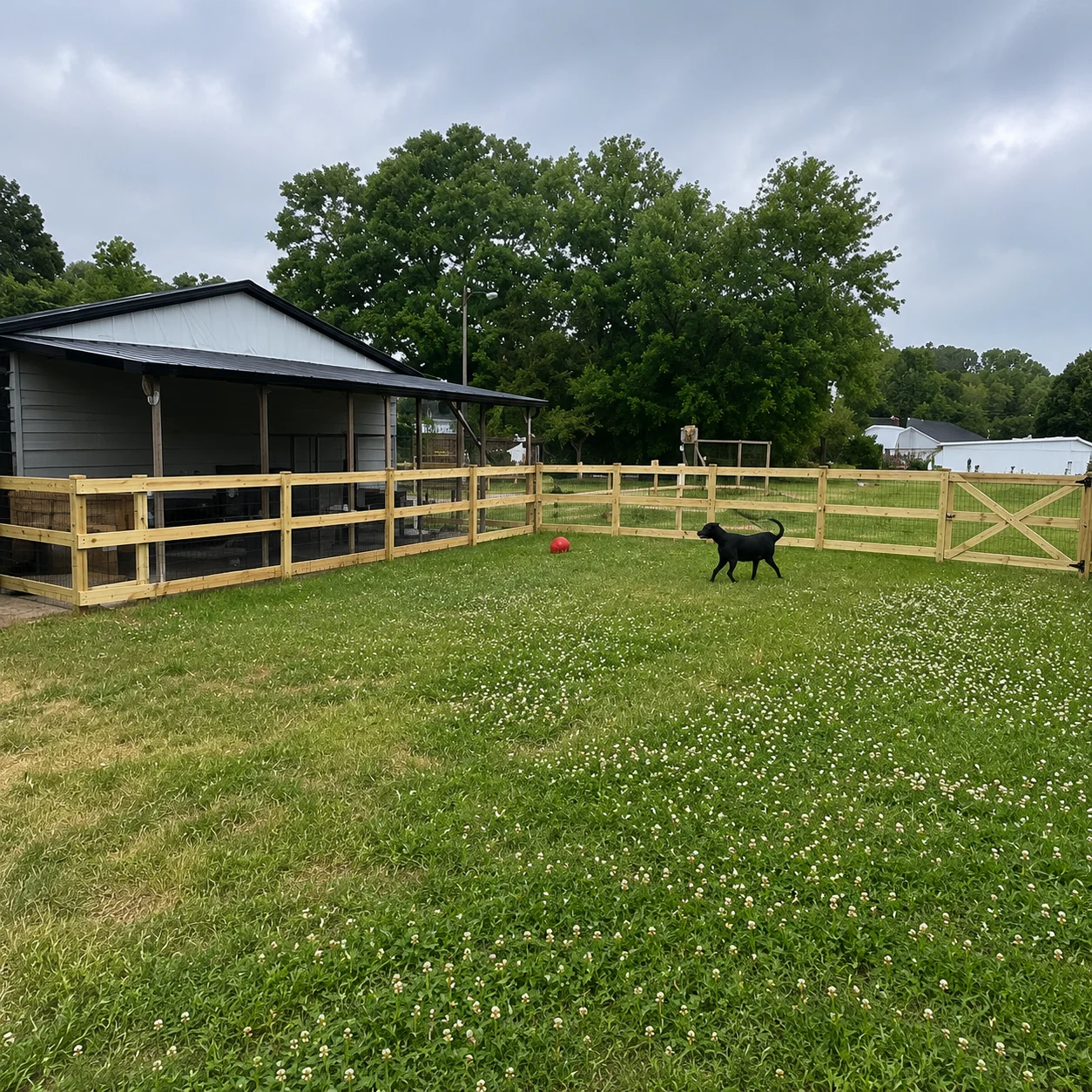 Pressure-treated wood pasture fencing with 3-rail design and X-brace gate beside covered shelter structure