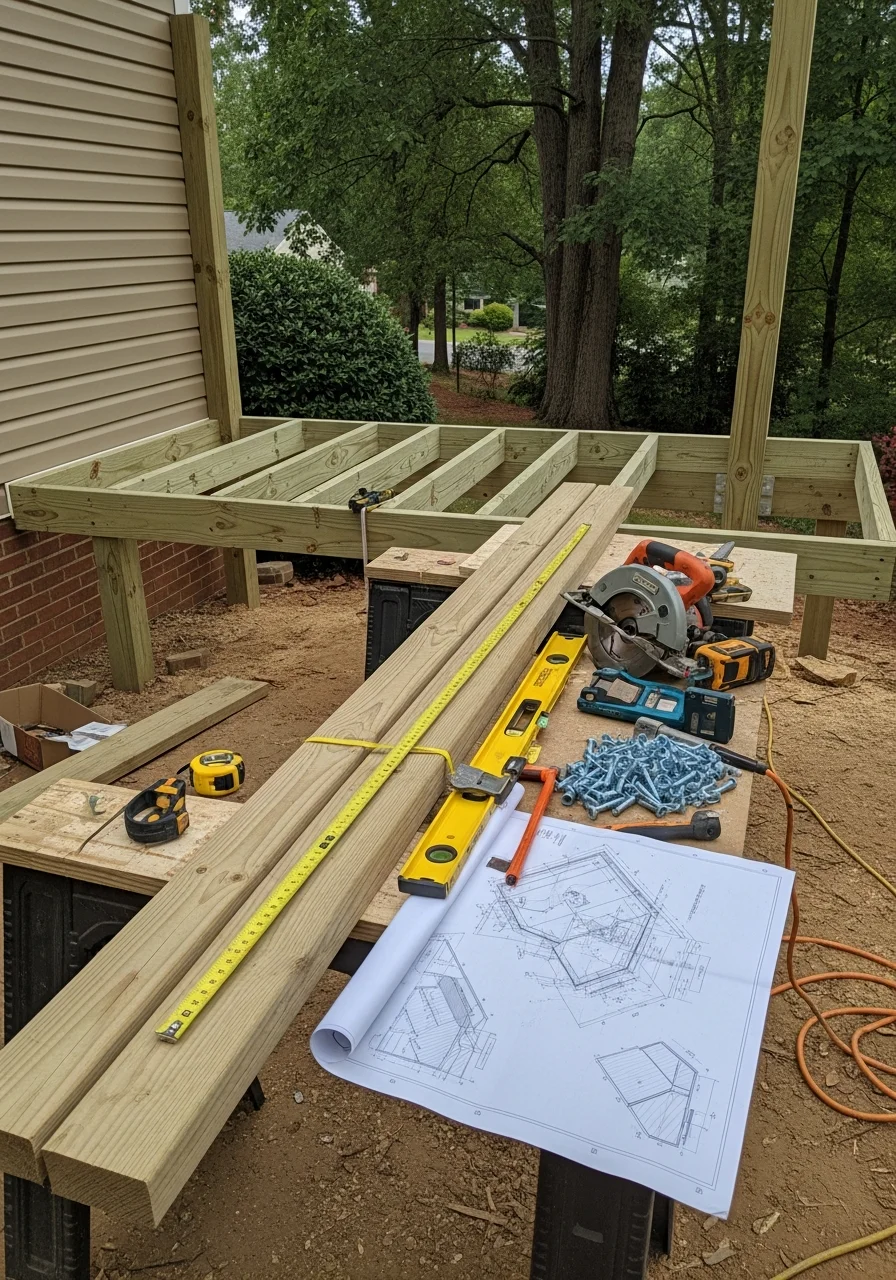 A contractor team reviewing project plans on a residential property in a Greensboro community.