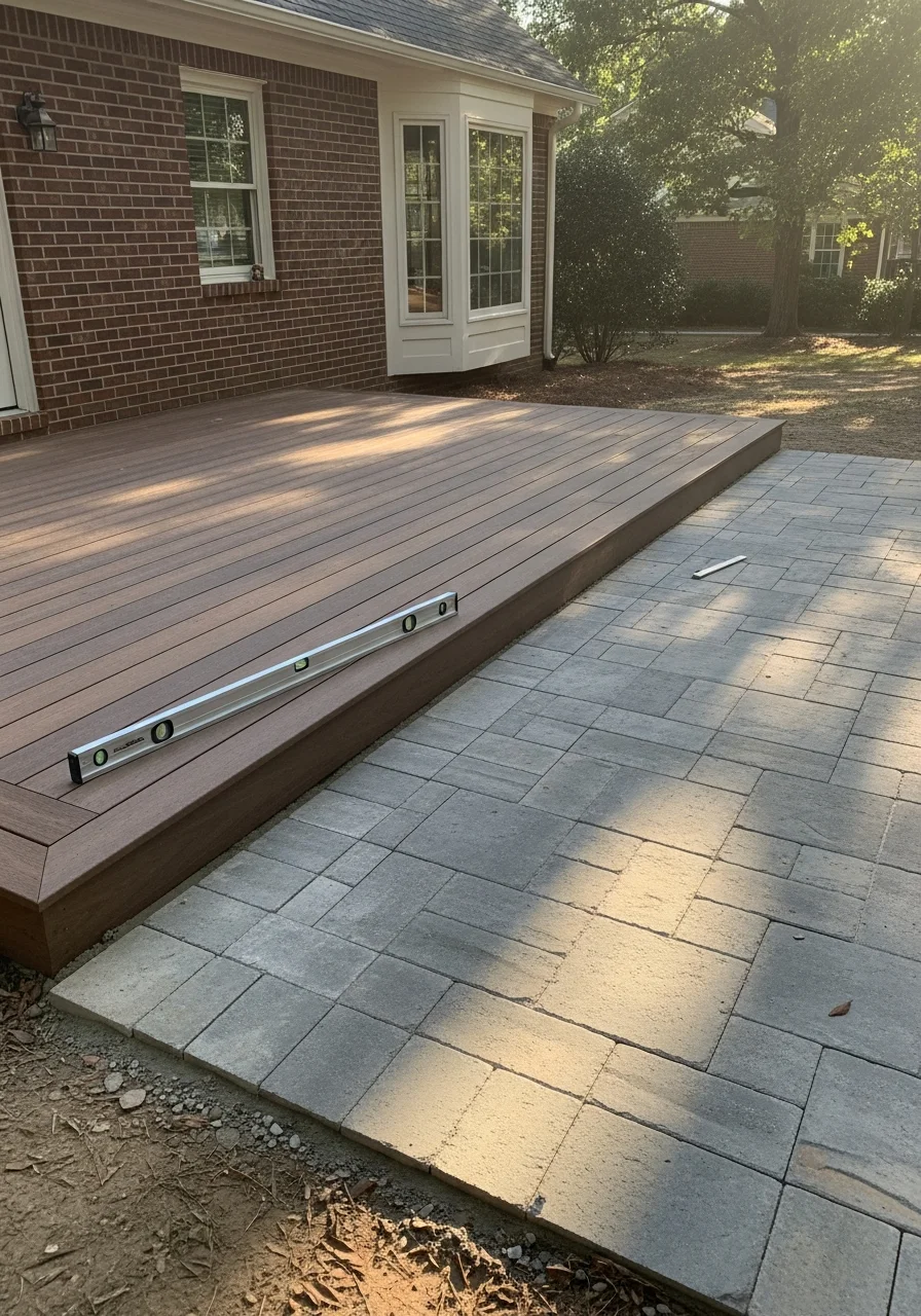 Custom composite deck with stone patio overlooking Thomasville residential landscape