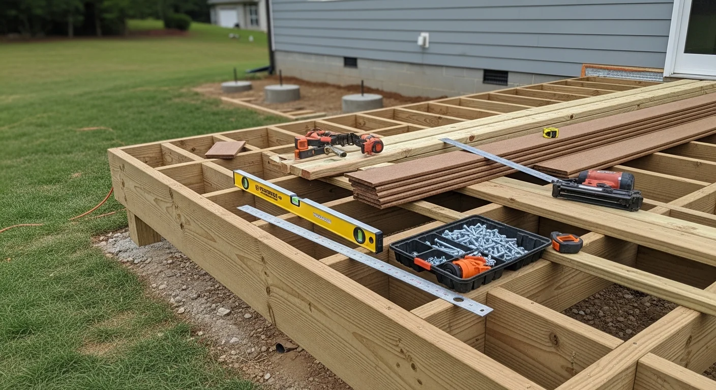 A newly built wood-framed deck attached to the rear of a single-family home in Archdale, North Carolina, with code-compliant guardrails and stair access to the backyard. The structure shows clean framing lines and pressure-treated posts set on concrete footings.