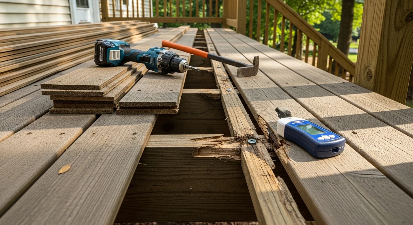 A repaired wood deck on a single-family home in Archdale, NC, showing replaced decking boards and reinforced railing posts. The structure sits behind a ranch-style home surrounded by mature trees typical of established Archdale neighborhoods.