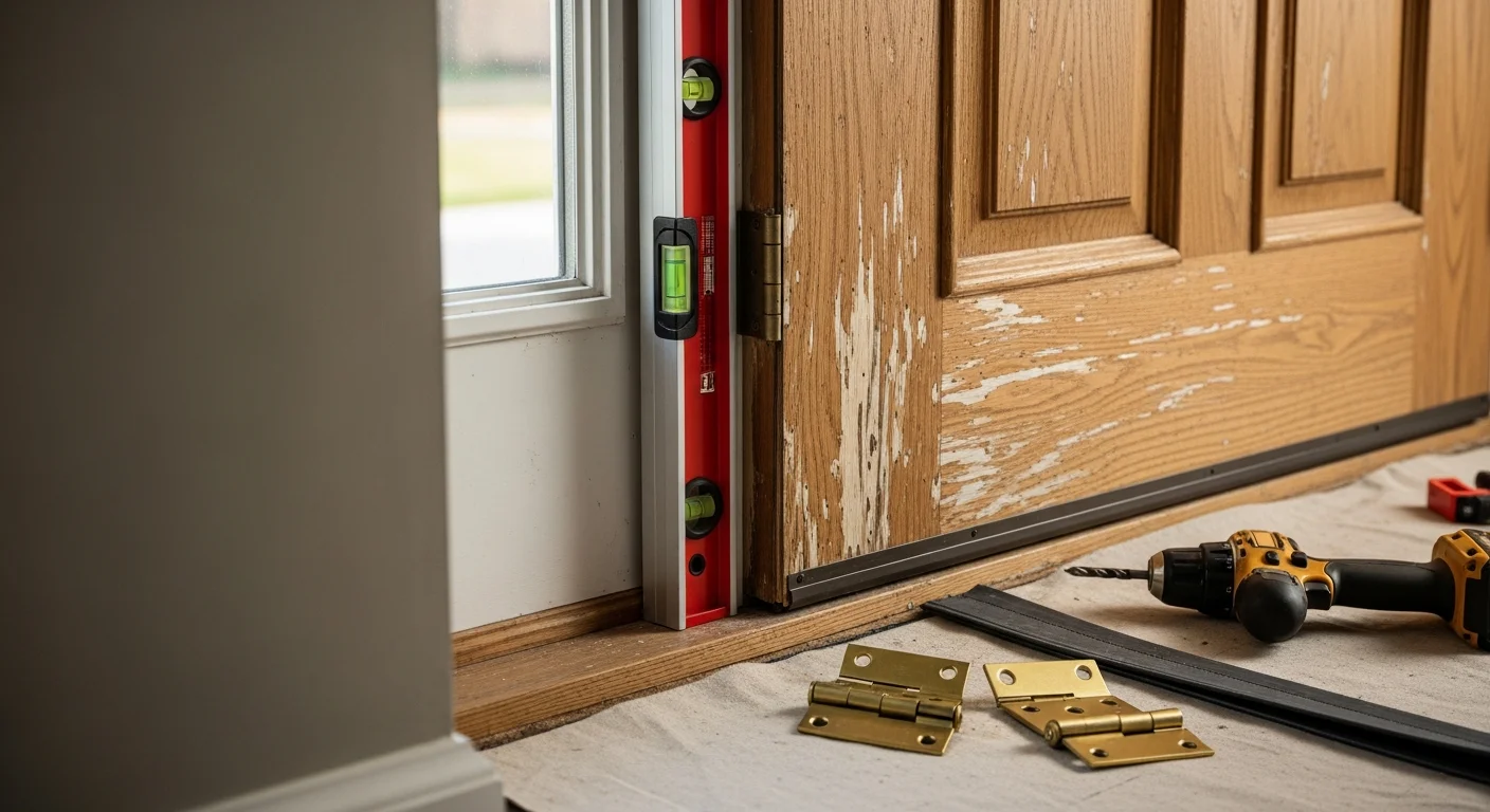 A repaired exterior door on a single-family home in Archdale, NC, showing a properly aligned frame and closed door with intact weatherstripping. A contractor from Carolina Crafted Builds, LLC checks the door swing and latch function after completing the repair.
