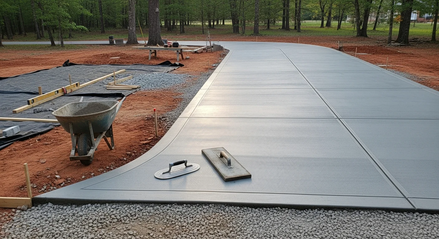 Freshly installed concrete driveway at a residential home in Archdale, NC, showing a smooth broom-finish surface with clean edges leading to a two-car garage. The surrounding lawn and home exterior are visible in the background.