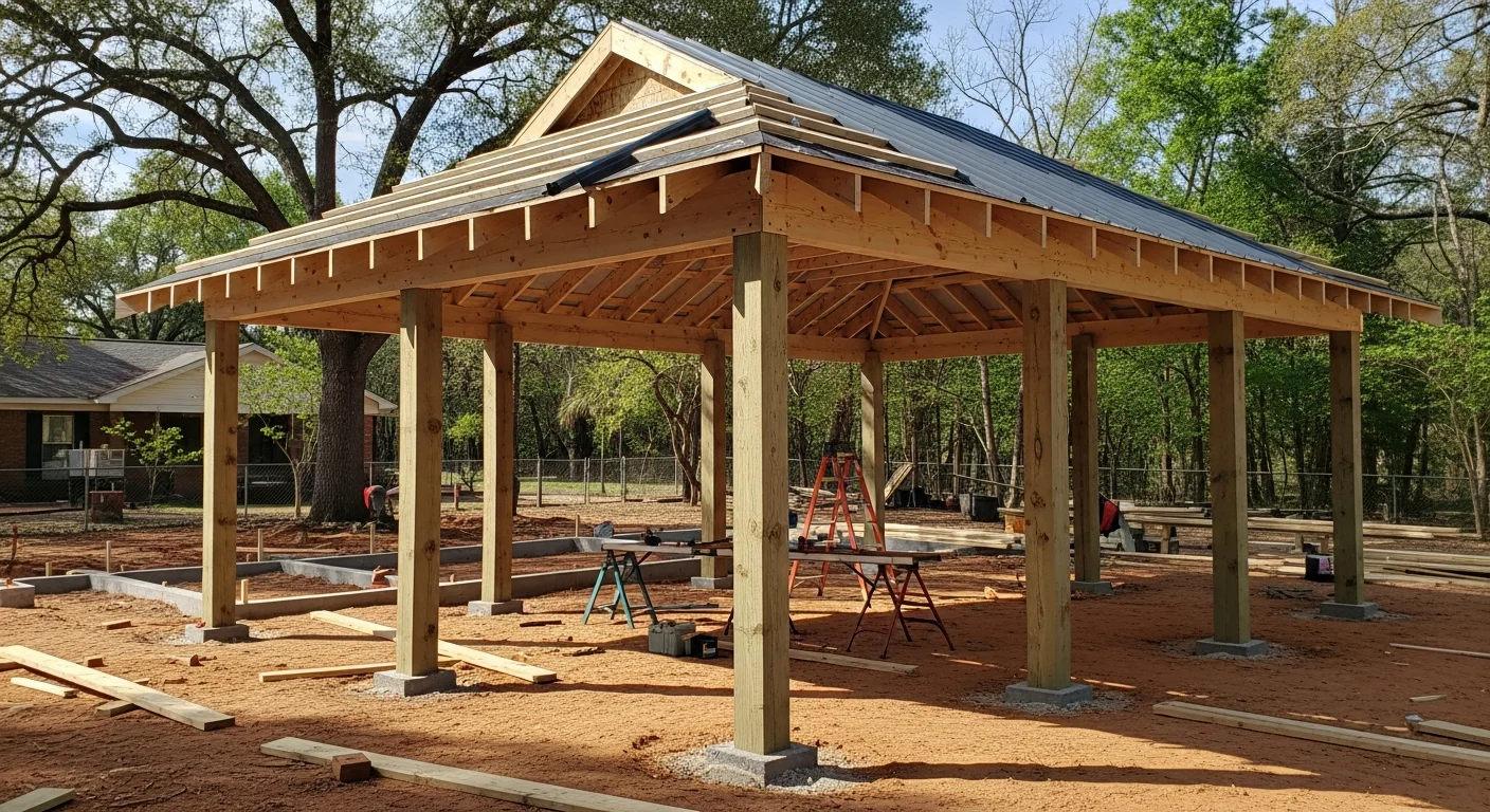A custom wood-framed backyard pavilion with a solid shingle roof built by Carolina Crafted Builds, LLC on a residential property in Archdale, NC. The covered structure sits over a patio area with open sides and post columns, surrounded by a green lawn.