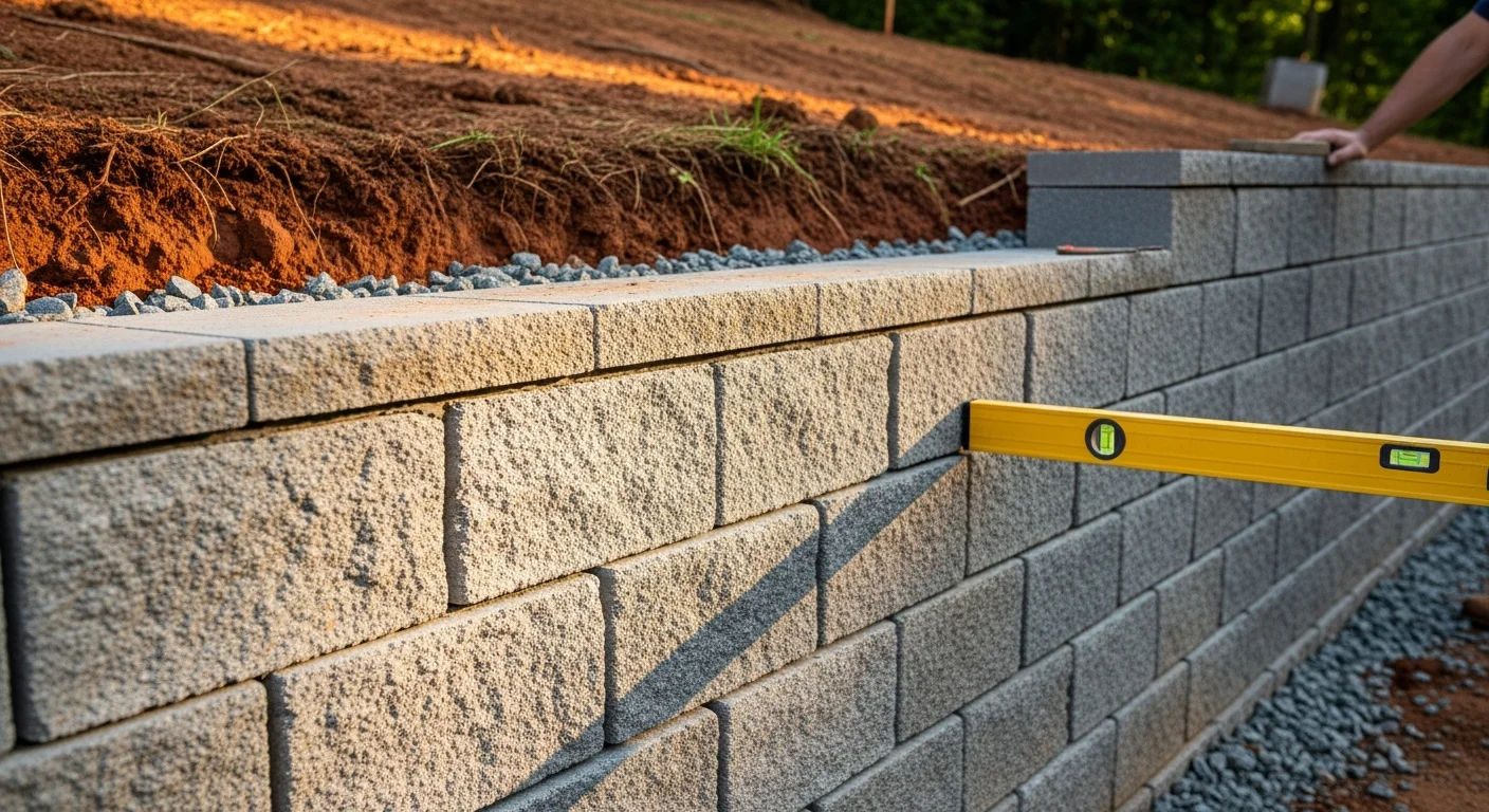 A completed masonry retaining wall holding back a sloped residential yard in Archdale, NC, with clean block coursing and a level lawn area created above the wall. The surrounding terrain shows the gently rolling Piedmont landscape typical of the Archdale area.