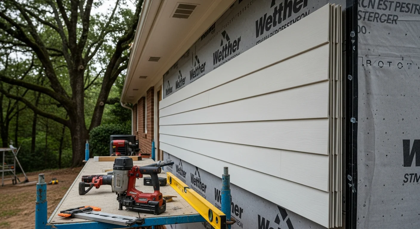 Newly installed exterior siding on a ranch-style home in Archdale, North Carolina, with clean panel lines, finished trim, and mature trees visible in the background. Carolina Crafted Builds, LLC completed the full siding installation on this residential property in the Archdale area.