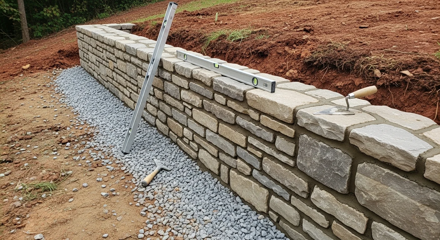 Completed stone retaining wall and walkway installed by Carolina Crafted Builds, LLC at a residential property in Archdale, North Carolina. Tightly set natural stone steps lead from a sloped backyard to a patio area, showing clean mortar joints and level coursing.