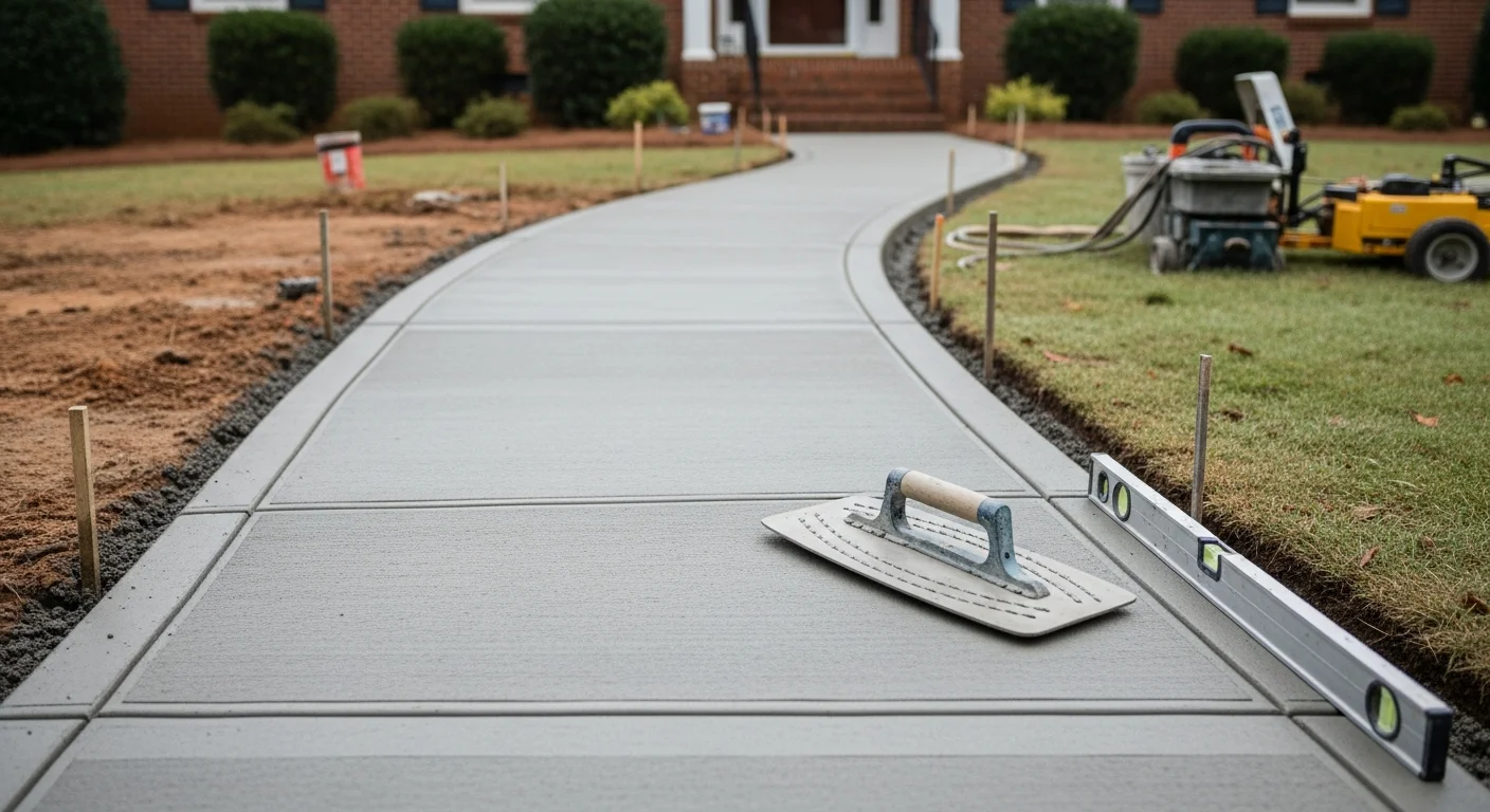 A freshly poured concrete walkway leading from the driveway to the front entry of a single-family home in Archdale, NC. The path features clean broom-finished edges and visible control joints set against a green residential lawn.