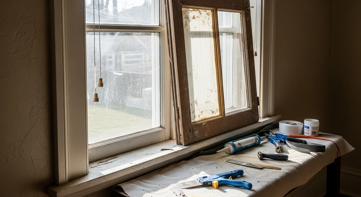 A repaired double-hung window on an Archdale, NC home showing a clean frame, clear glass, and tight weatherstripping along the sash. The exterior sill shows no signs of rot or moisture damage after professional window repair service.