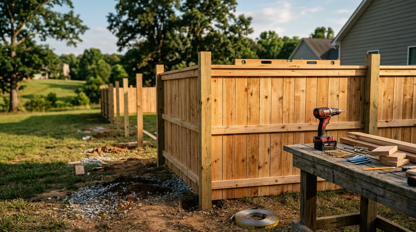 A newly installed wood privacy fence running along the backyard of a single-family home in Archdale, NC. The fence features evenly spaced vertical boards with clean post caps, set against a grassy lawn typical of Piedmont Triad residential properties.
