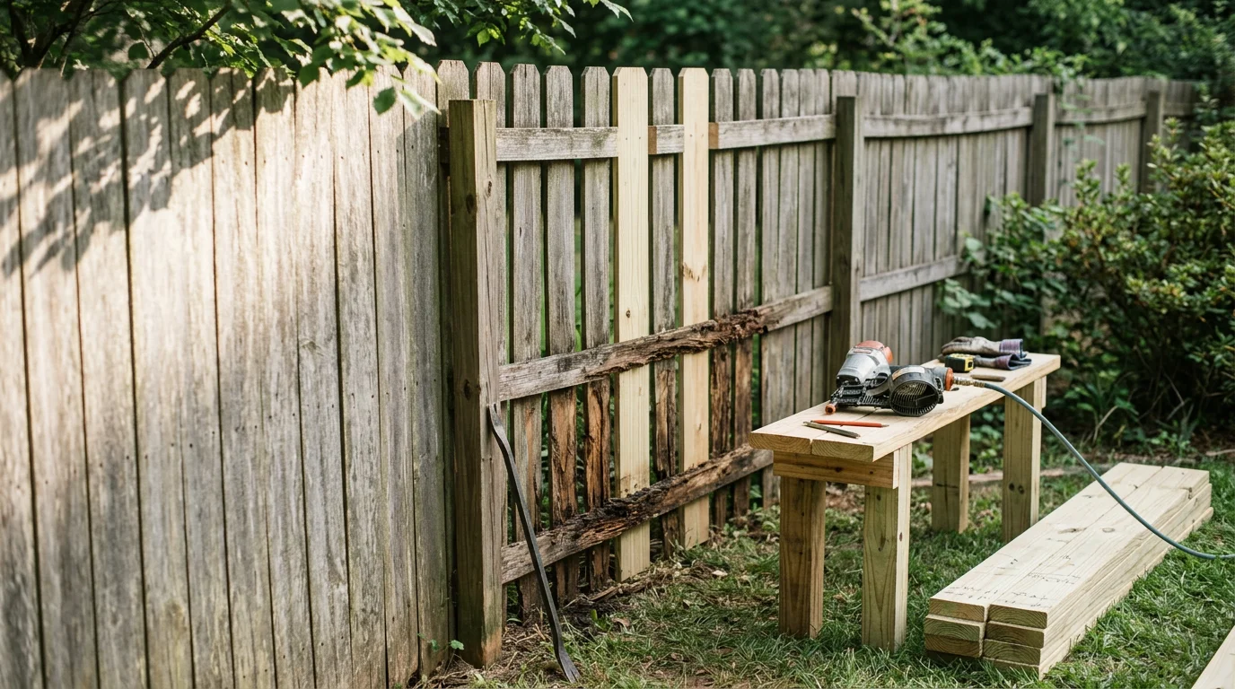 A repaired wood privacy fence in an Archdale, NC backyard with replaced pickets and a reset post standing plumb along the property line. The repaired section blends with the existing fence boards under clear Piedmont Triad sky.